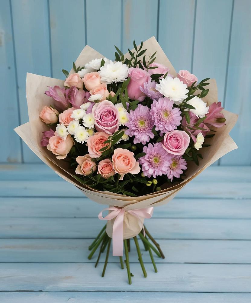 Букет цветов из: Хризантемы, Розы и Альстромерии в Заполярном Мурманской области