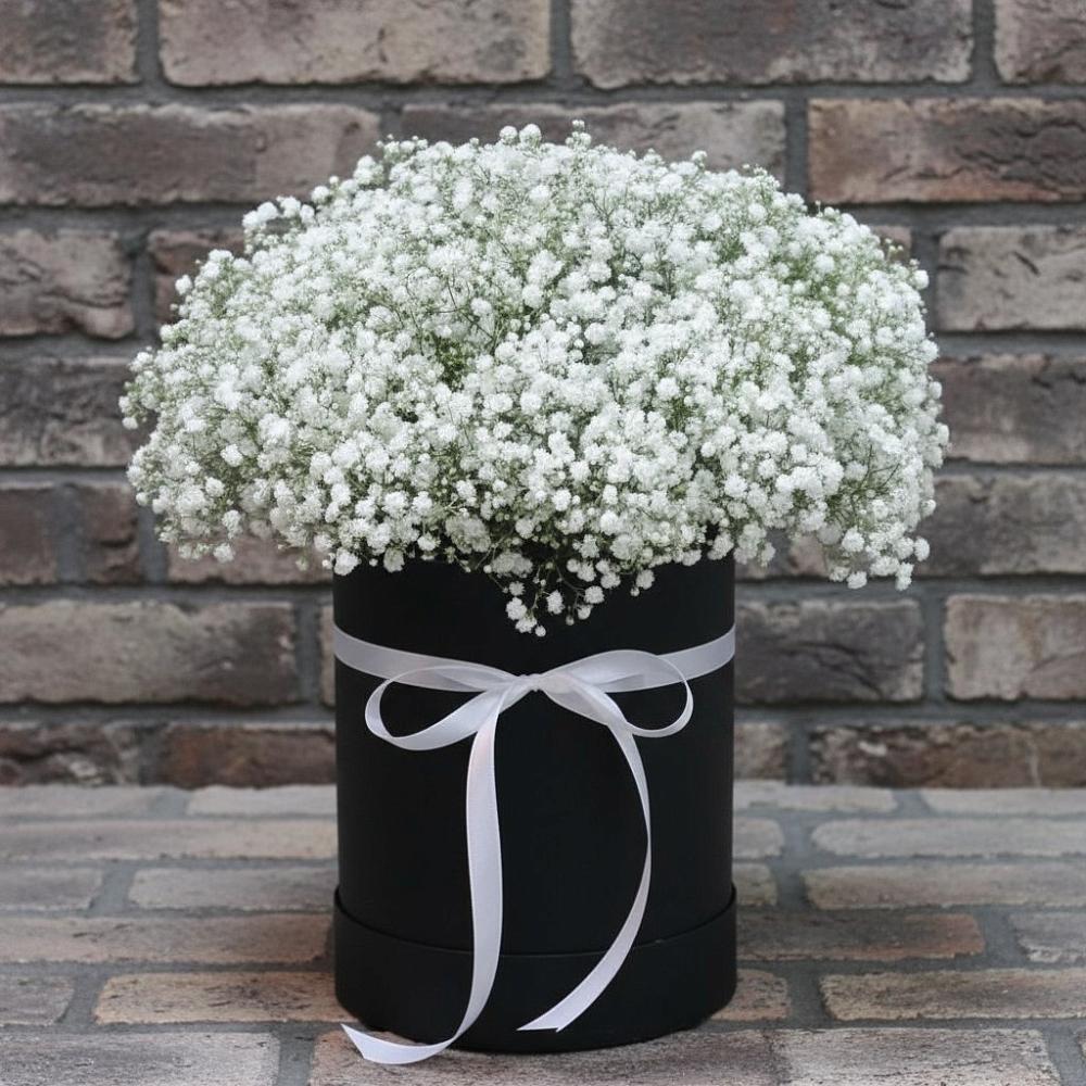 Цветочная композиция из Гипсофила в шляпной коробке в Заполярном Мурманской области