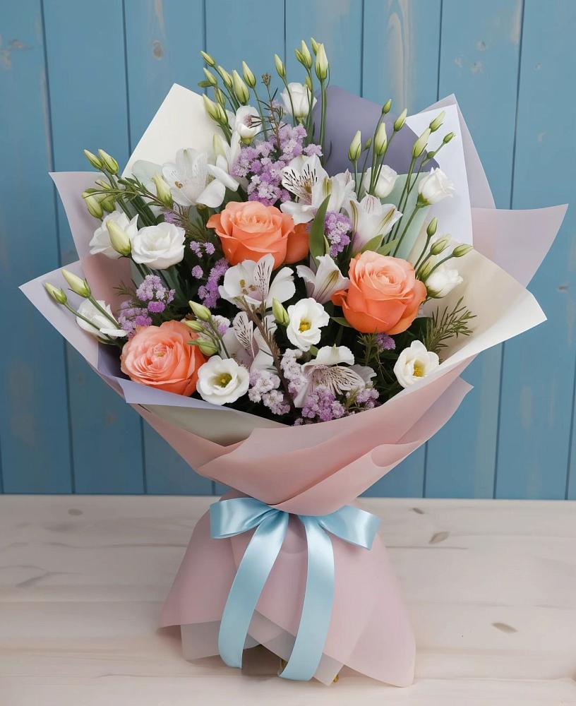 Букет цветов из: Лизиантусы, Розы, Альстромерии и Гипсофила в Заполярном Мурманской области