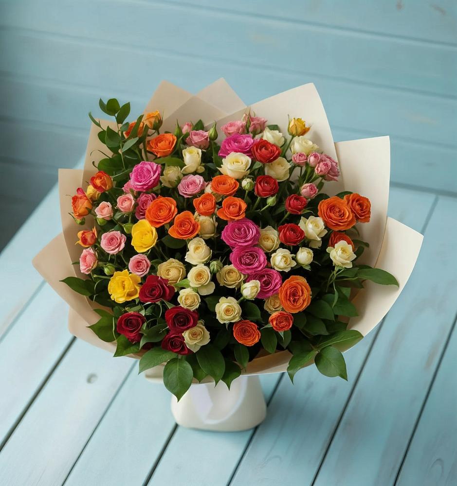 Букет Микс из разноцветных кустовых роз в Заполярном Мурманской области