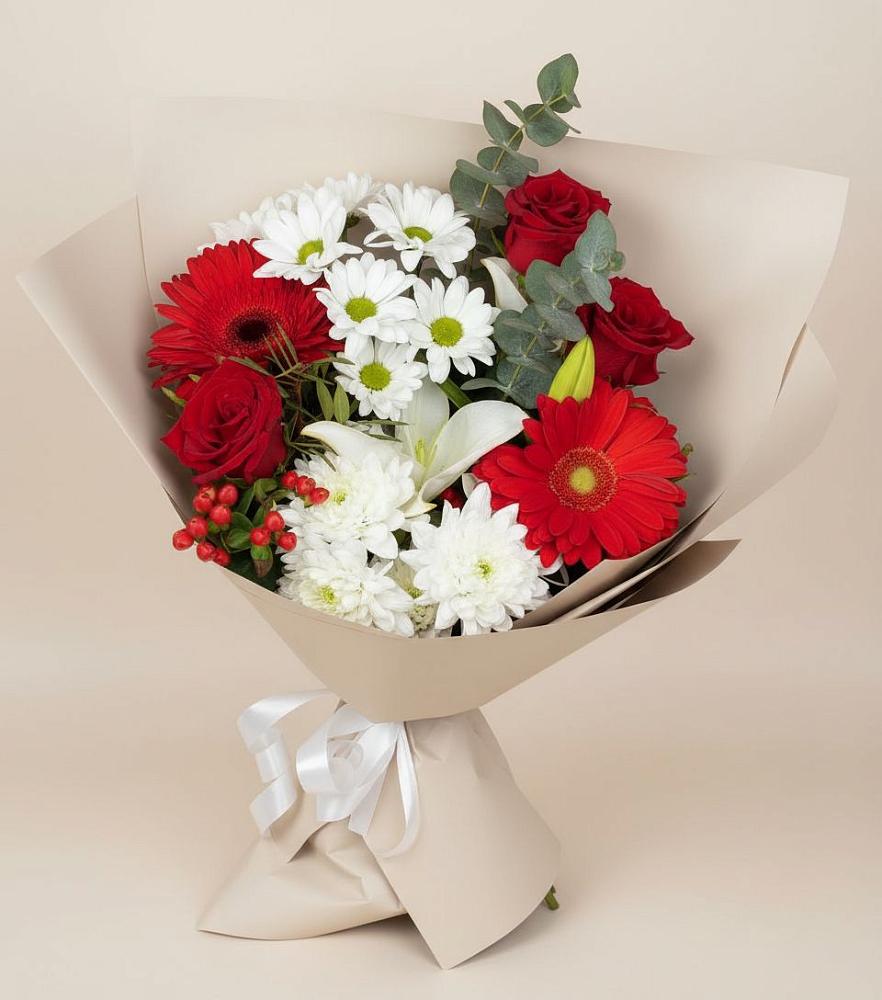 Букет цветов из: Розы, Хризантемы, Герберы и Лилии в Заполярном Мурманской области