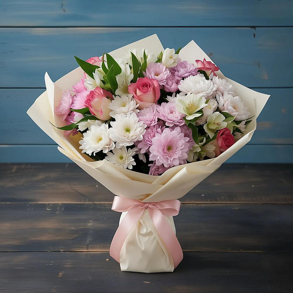 Букет цветов из: Хризантемы, Альстромерии и Розы в Заполярном Мурманской области